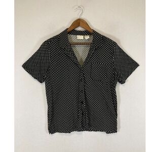 Retro Erika Women Large Black Polka Dot Button Front Cotton Rayon Blouse Shirt